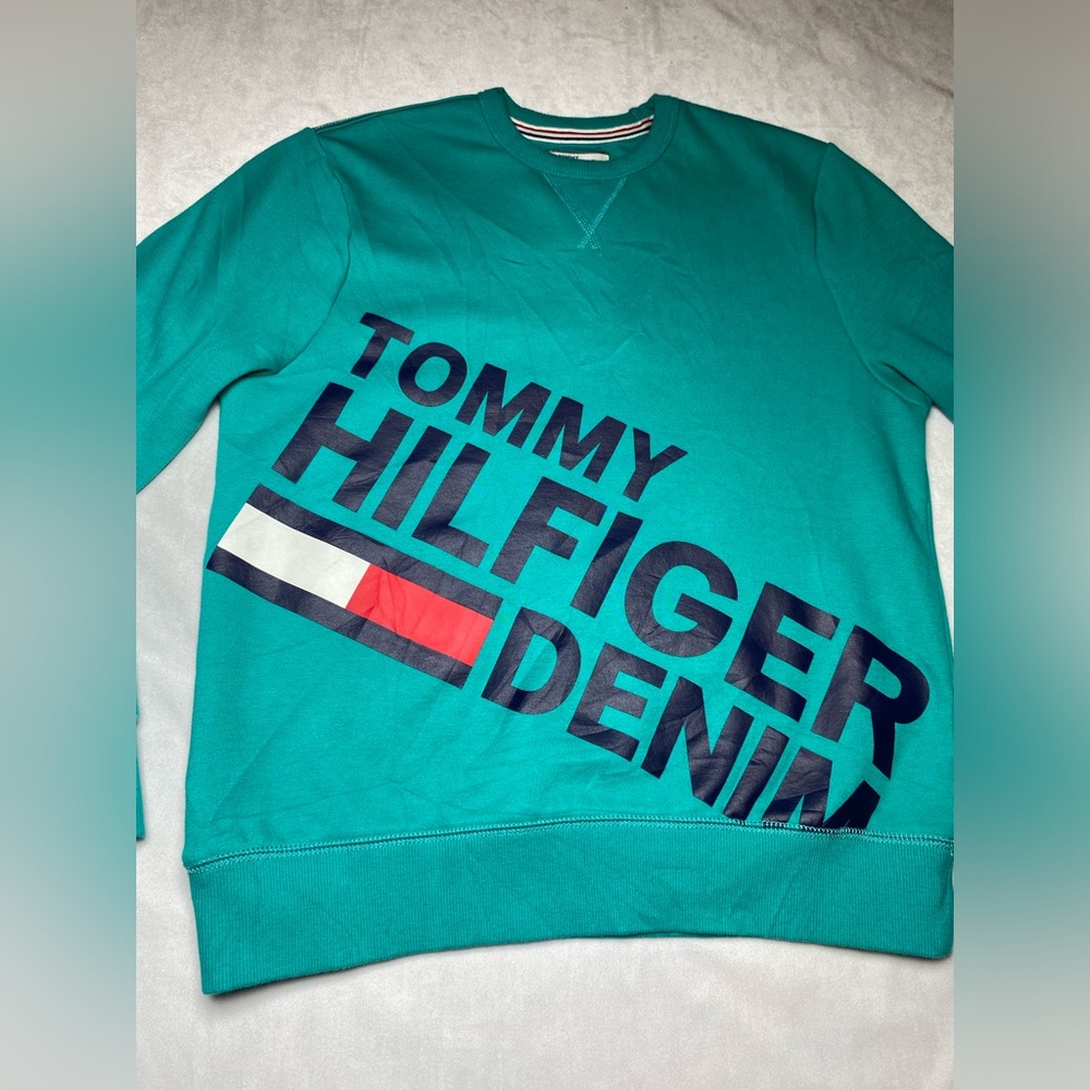 Vintage‎ Tommy Hilfiger Denim Sweatshirt Spellout Aqua Crewneck Men’s Size SMALL - Picture 2 of 7